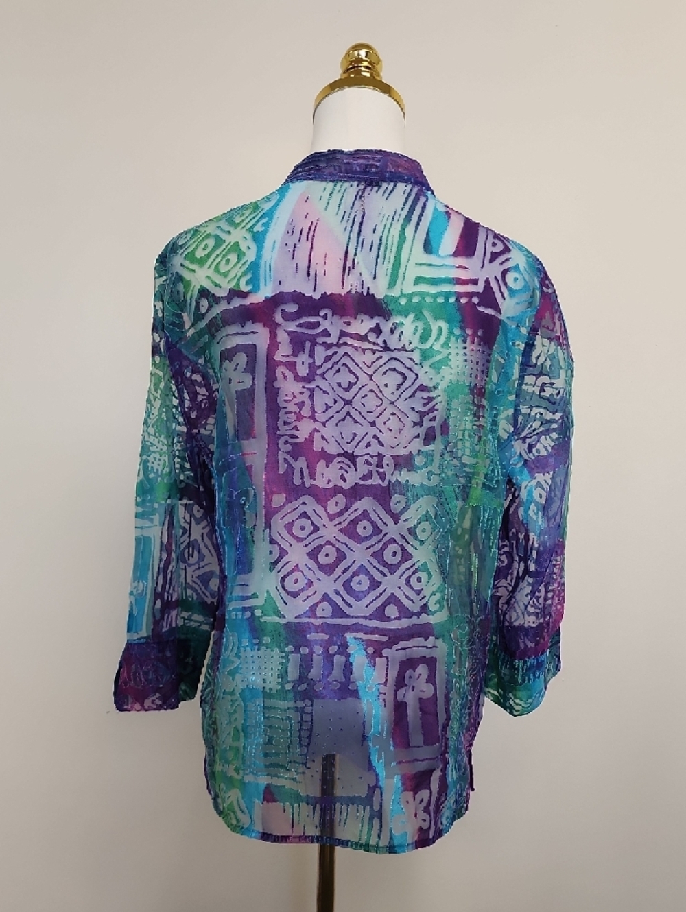 Notations Sheer Abstract Print Button Front Blouse Teal Purple Size Large - Picture 3 of 6